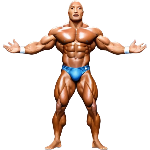 Dwayne Johnson, covered in oil, on stage at a Mr. Universe bodybuilding competition, striking a 'Side Triceps' pose. His defined muscles gleam under the bright lights, with the audience and judges in the background, capturing the intense focus and strength of the moment. Transparent background. emoji