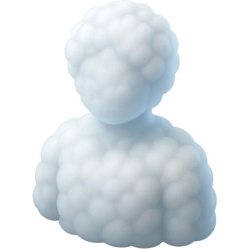 front view, person shoulder length, body and head made of white fluffy convex clouds, matte glass style emoji