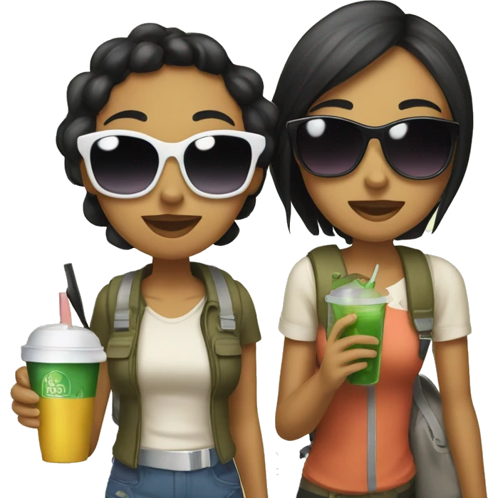 two girls going on a trip, both with black hair and olive skin, wearing sunglasses, carrying luggage and holding a drink on their hand emoji