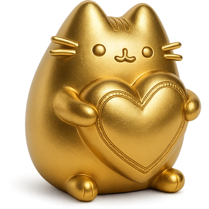 Pusheen hugging a big heart, pastel colors, adorable, gold objects style emoji