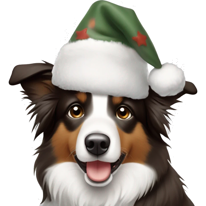 Bordercollie mit braunen und grauen stellen im weißen Gesicht. Spitze Ohren Ohren weis gesicht unterer Teil braun grau. Hat weihnachtsmütze auf  emoji
