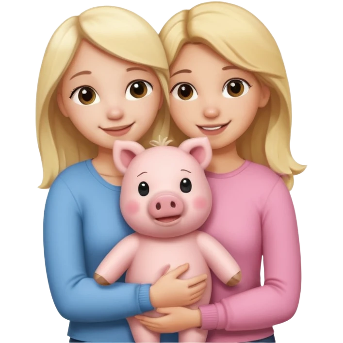 Girlfriends, one blonde and one brunette, hugging each other with a teddy bear and a little pig emoji
