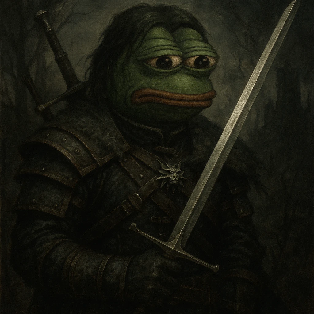 Пэпэ in The Witcher style, with a dark fantasy look and a silver sword emoji
