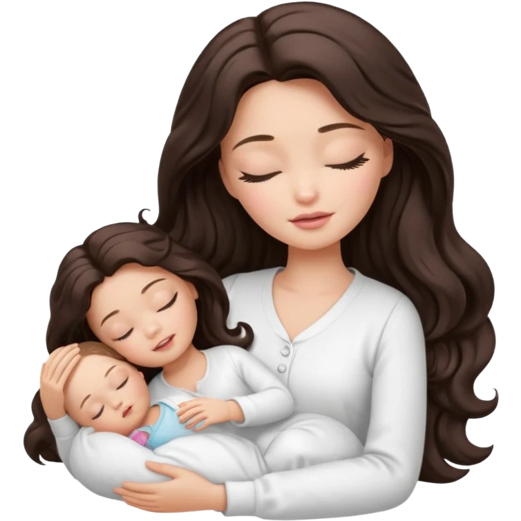 White Barbie girl dark brown long wavy hair in white clothes sleeping with white baby at cream bed, eyes are closed emoji