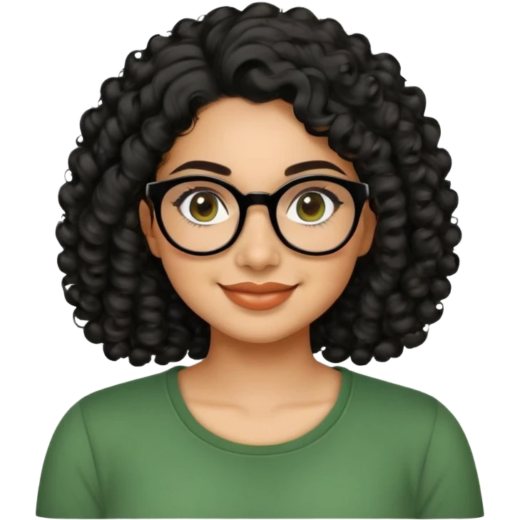 Hispanic woman in her 20s with caramel skin tone. Round face with prominent cheeks and dimples. Dark eyes with black thick-framed glasses. Shoulder-length curly black hair with defined curls. Wide sincere smile. Wearing a green casual top. emoji