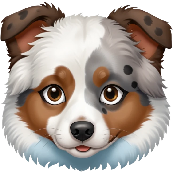 A mini Australian shepherd with white hair and black spots over her eyes. She is just black and white, no brown. One eye is light blue, and the other is brown emoji