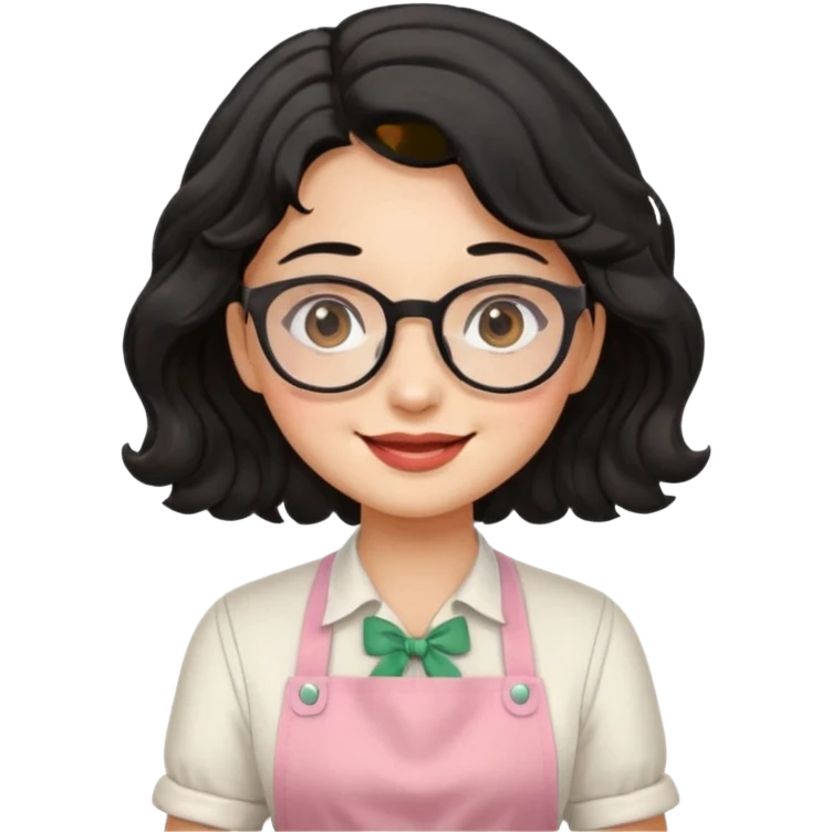 girl with apron, black wavy hair, wearing glasses, a little blush on her cheek emoji
