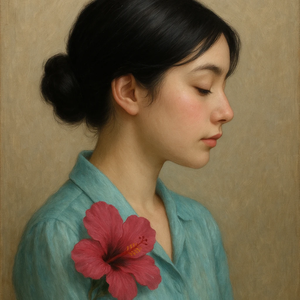 portrait of a black-haired girl with a neat low bun and side hair, face in profile, wearing a light sea blue silk shirt, adorned with a dark pink hibiscus flower, gentle feeling emoji