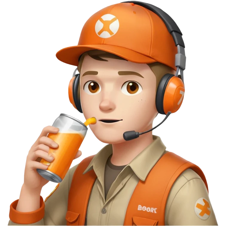 Team Fortress 2 Scout drinking BONK! Atomic Punch orange can, wearing headset and baseball cap, canonical appearance emoji