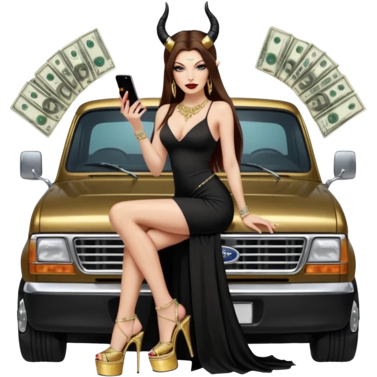 Sensual queen long brown straight haired sexy drug lord woman with  glitter platform high heels on her feet,  and devil black horns on her head, holding a stack of cash, has a phone in other hand. Sitting on the hood of a  gold ford350 pickup truck  full of drugs, long black dress with sexy slit emoji