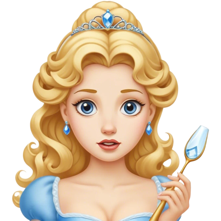 Cinematic Funny Cinderella Portrait Emoji, Stunned expression as she holds a glass slipper much too big, one eyebrow raised, golden curls slightly messy, a mix of royal grace and unexpected humor, capturing a lighthearted twist on her fairy tale moment! emoji