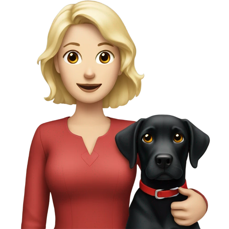 Blonde lady holding a black Labrador with a red collar  emoji