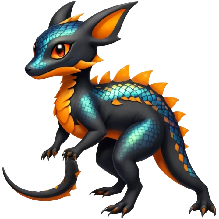 Colorful Iridescent Exotic Black and Orange Salandit-Aurorus-Umbreon-Fakémon-hybrid-creature (full body)  emoji