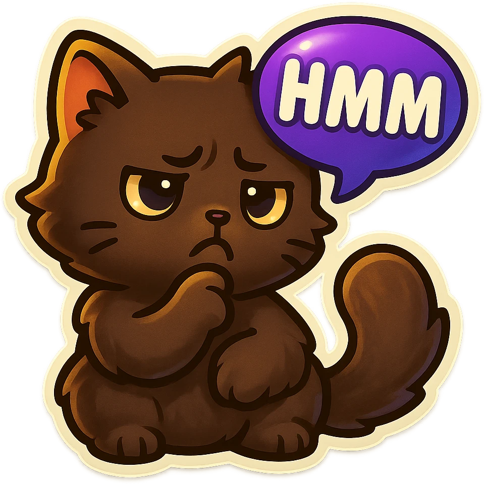 a dark-brown fluffy cute kawaii anime cat thinking frowning thoughtfully, saying “hmm” with a purple speech bubble emoji
