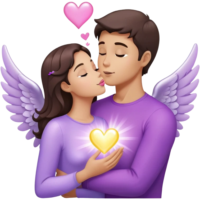White brunette human man with rays of light Heart kisses a pastel purple angel woman emoji