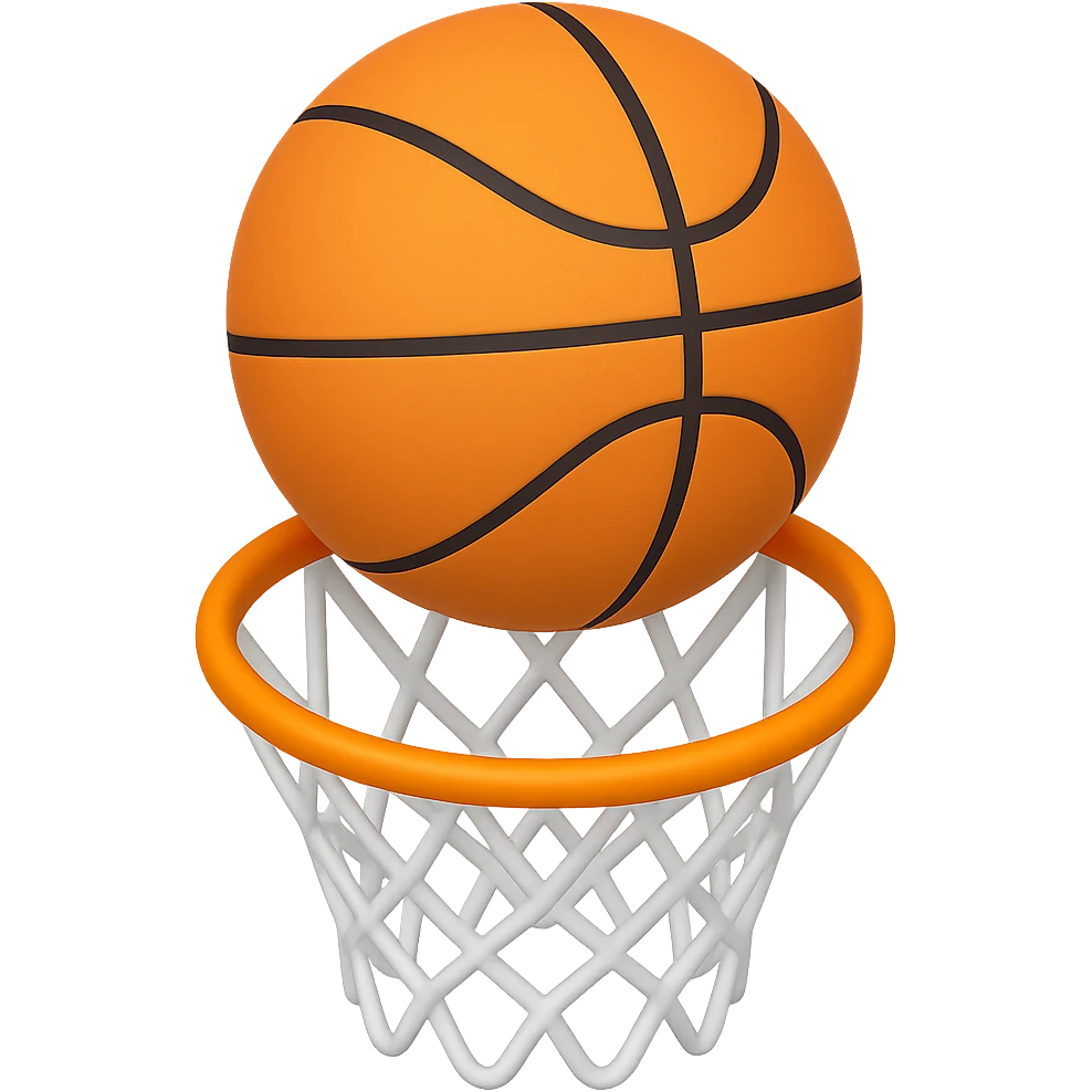 Change the perspective to be from the top of the key, with the basketball about a foot off the rim, in the style of apple emojis, keep the background transparent. emoji