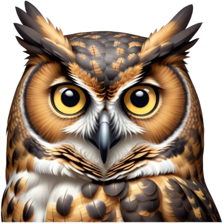 Cinematic Deep Thought Great Horned Owl Portrait Emoji, Head held high with a calm, reflective gaze, showcasing a beautifully mottled plumage and piercing golden eyes that seem to ponder the mysteries of the night, Simplified yet majestically refined features, highly detailed, glowing with a soft, contemplative light, high shine, poised and thoughtful, stylized with an air of profound introspection, capturing the essence of an owl deeply engaged in thought, so thoughtful it feels like it could silently share timeless secrets from beyond the screen! emoji