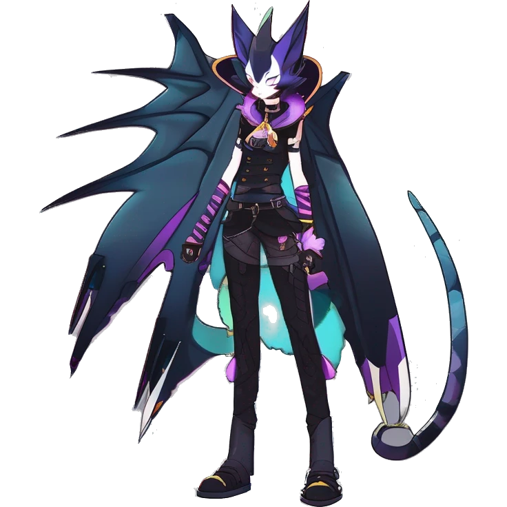cool punk kawaii anime edgy distinguished pretty elegant beautiful fantasy black ethereal nargacuga-Noivern-sphynx-Quiana-Fakemon collar harness belt pouches full body emoji