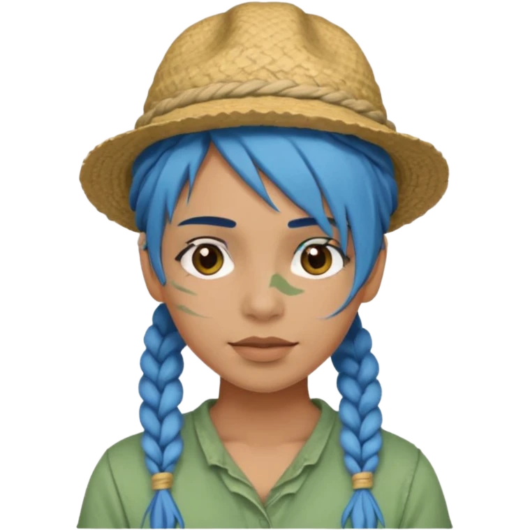messy green full face clay mask and tourist hat blue hair braid emoji