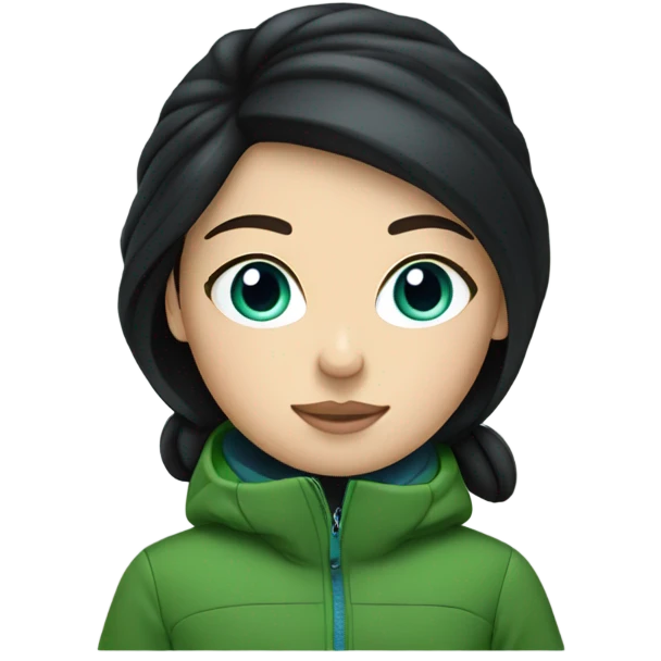 White girl, black hair, blue eyes, skiing, green jacket emoji