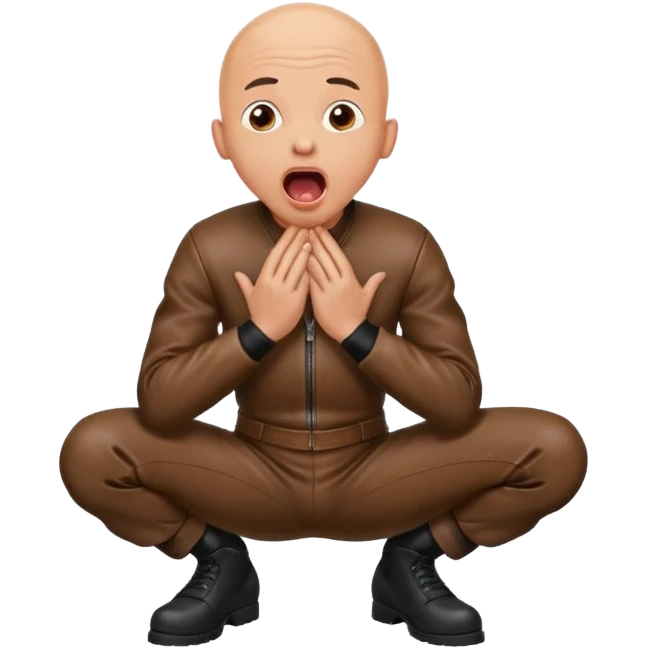 Bald man in leather on his knees, frightened with his tongue out, looking up emoji