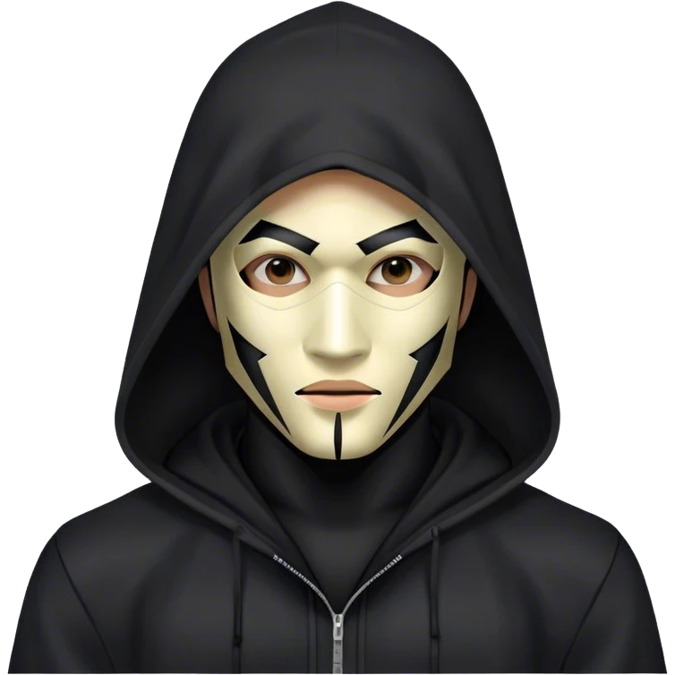 man with black hooded jacket and a only-black full-face geometric mask emoji