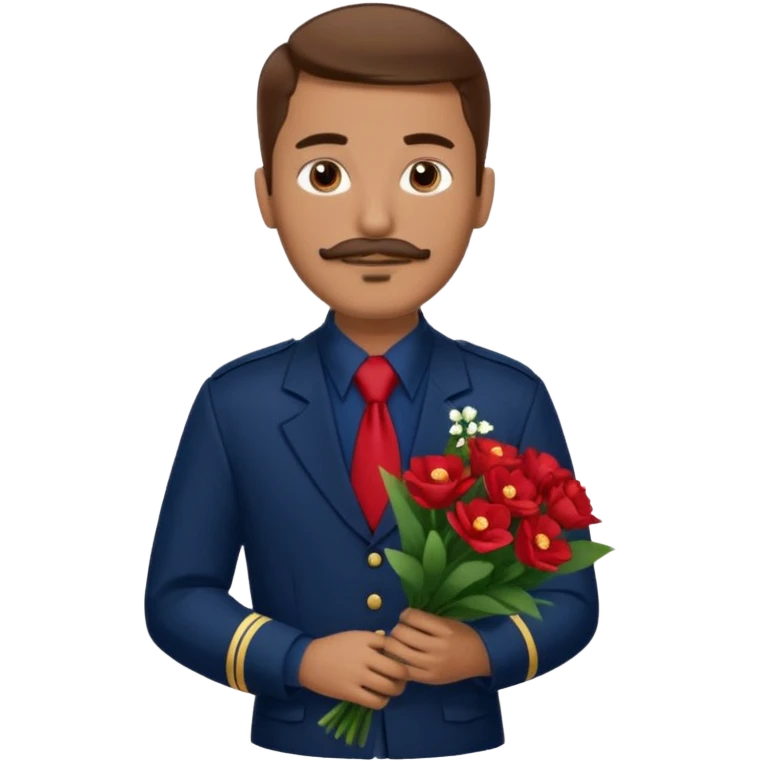 Homme avec bouquet fleurs blanches, avec uniforme bleu foncé cravate rouge, arabe raie sur le coté, brun un peu bronzé et yeux marrons 23 ans bouc moustache sans fleurs sur le costume  emoji
