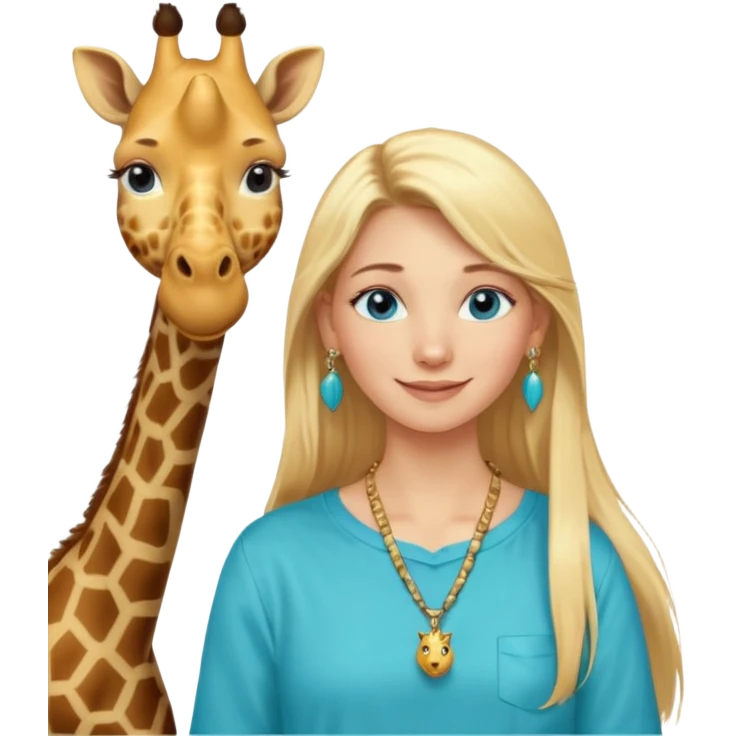 Swedish girl blonde long straigt hair blue eyes turqoise shirt gold earings, girrafe necklace gold small, long lashes smiling closed mouth emoji