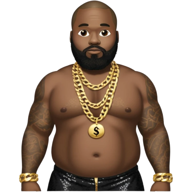 Rick Ross with black sequin baggy pants, shirtless with necklace emoji