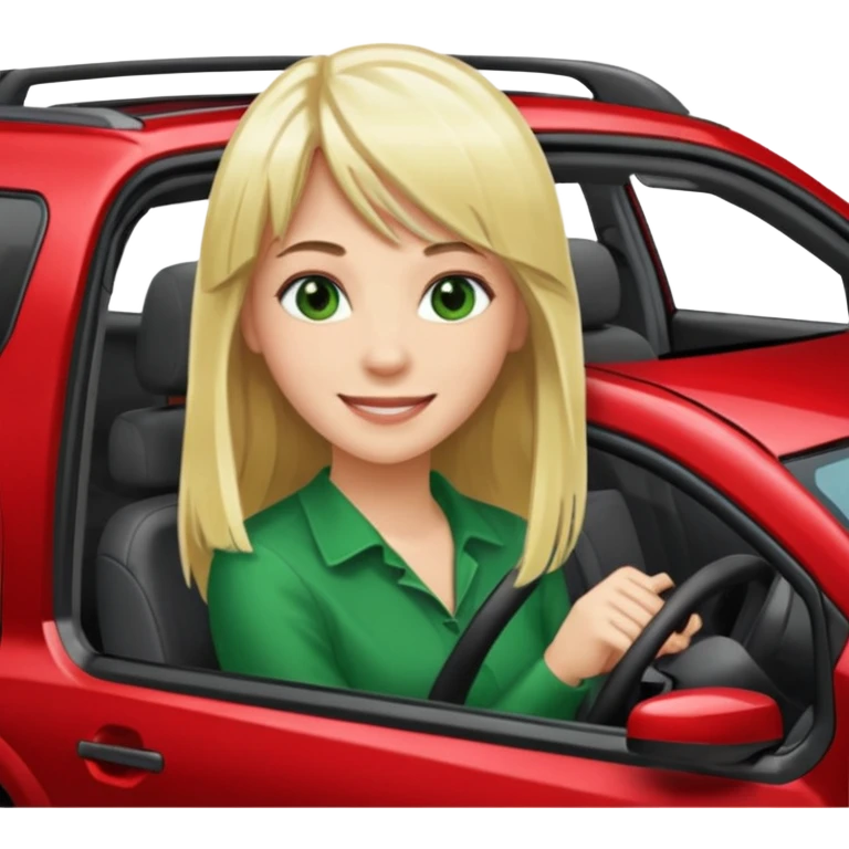 A Smiling Green Eyed, Long Haired Blonde with bangs driving a RED NISSAN ROGUE SUV emoji