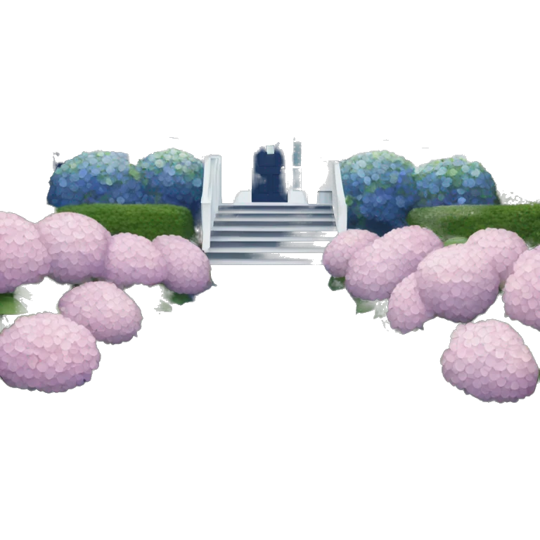 Navy blue shingle beach house with hydrangeas lining the drive way  emoji