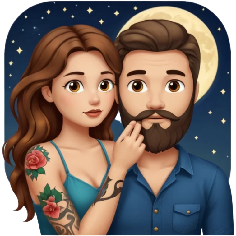 woman with long wavy brown hair tattoos and bearded man, she holds his chin, close flirty stare, moonlight glow emoji