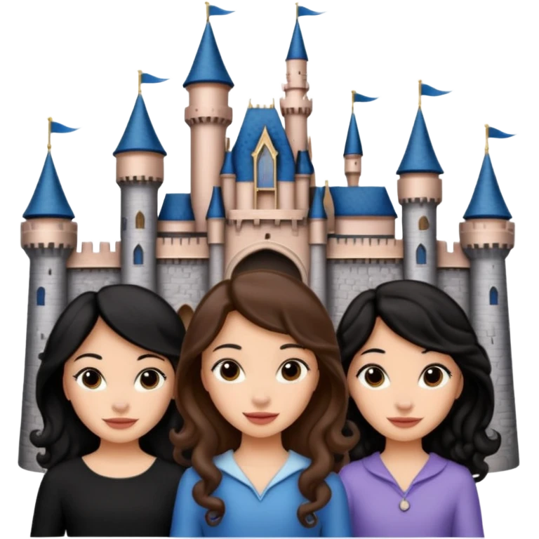 Quiero que crees una imagen donde este el castillo de Disney y por detrás o delante pon a 4 chicas: una con el pelo largo rizado marrón , otra con el pelo muy corto negro, otra con el pelo mediano liso marrón y otra con el pelo negro largo liso emoji