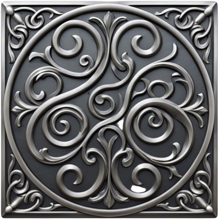 Forged metal icon, intricate wrought iron bas-relief with delicate patterns, swirling shapes, textured metal surface, blacksmithing tools nearby, minimalistic style, clean lines, transparent background. emoji