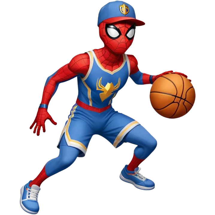 Spider-Man wearing a Denver Nuggets cap bouncing a basketball emoji