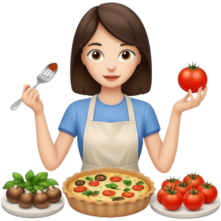 a brunette girl is making a quiche with mushrooms and tomatoes emoji
