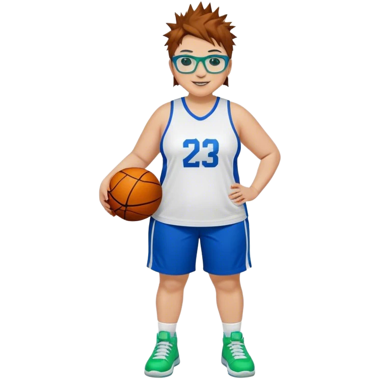 Full Body plus size white female basketball player with short medium brown hair with carmel highlights spikey hair wearing blue glasses 
 wide nose wearing blue green uniform  green sneakers smiling  emoji