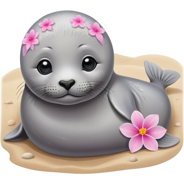 A small, slim baby seal resting gracefully on a sandy beach, with a delicate pink flower placed on its head.  Grey color emoji