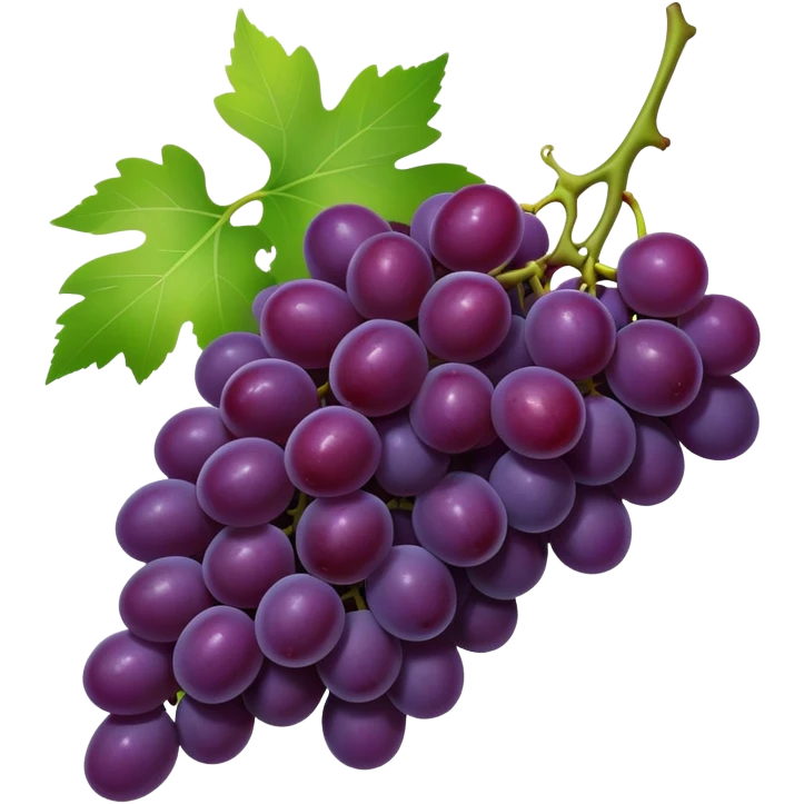 A high-res, transparent-background emoji

Of a realistic small bunch of deep purple grapes

With a green stem and a touch of leaf emoji