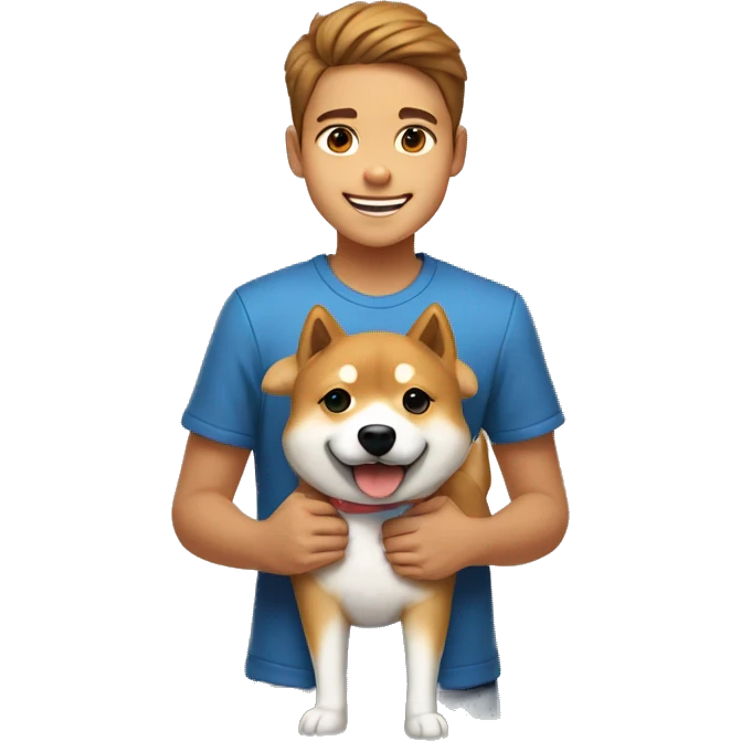 Light brown hairs boy with brown eyes and wide brows 12 years smiling and holding with dog shiba inu  emoji