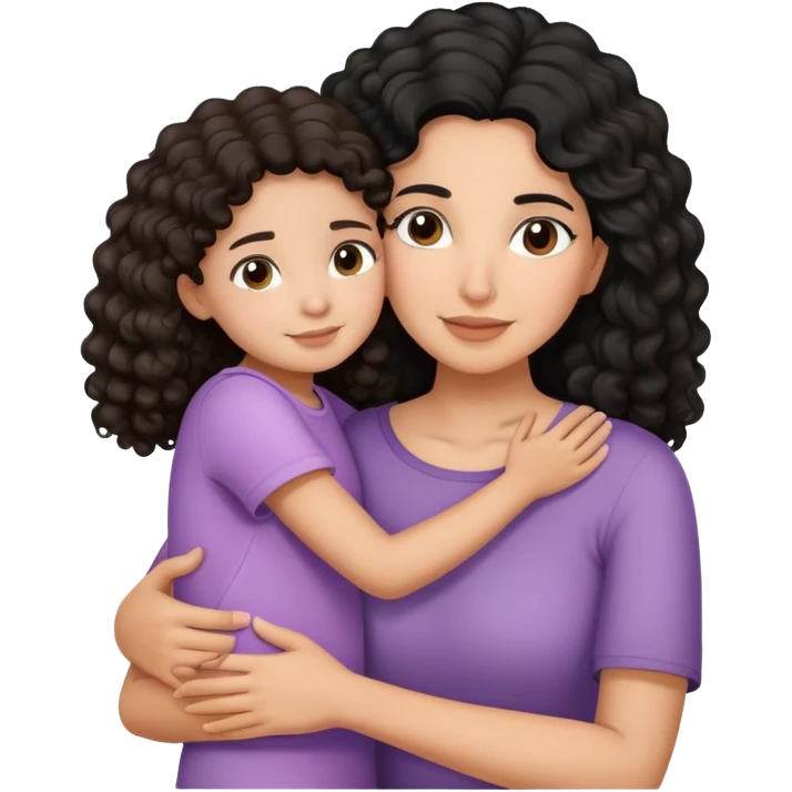 Hispanic mother with curly black hair and daughter with straight brown hair hugging emoji