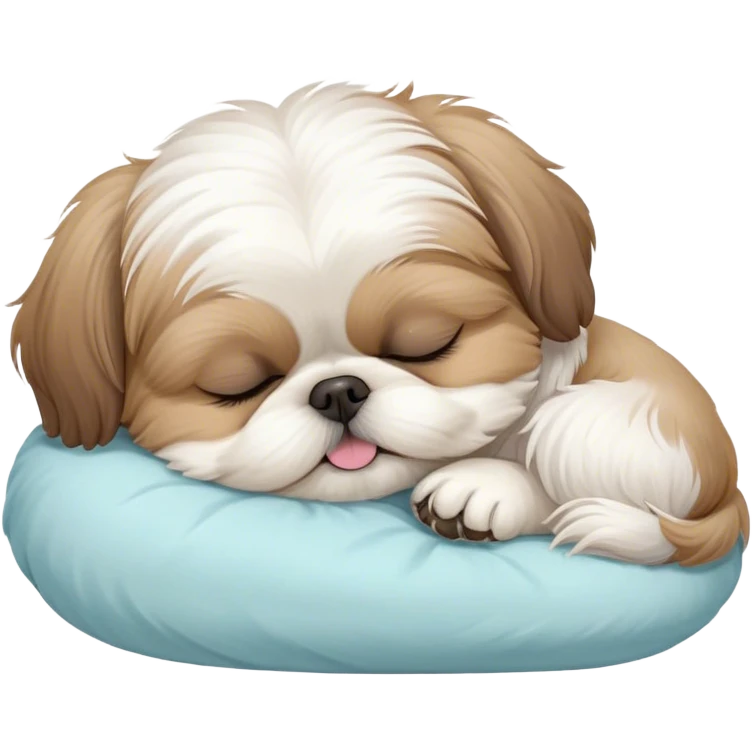 Meme-Worthy Cute Sleeping Shih Tzu Portrait Emoji, Head resting peacefully with a tender, contented smile and eyes delicately closed in serene slumber, showcasing a luxuriously fluffy fur in soft pastel tones, simplified yet irresistibly adorable, highly detailed, glowing with a warm, drowsy radiance, high shine, exuding calm, cozy charm, styled with a gentle, soft glowing outline, capturing the essence of a sleeping Shih Tzu that radiates utterly adorable, sleepy bliss! emoji