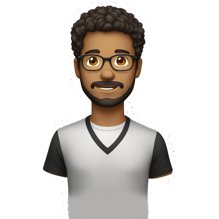 Jeune professeur cheveux noirs, yeux marrons foncés, à lunettes et barbu, avec une chemise noire et un t-shirt blanc emoji