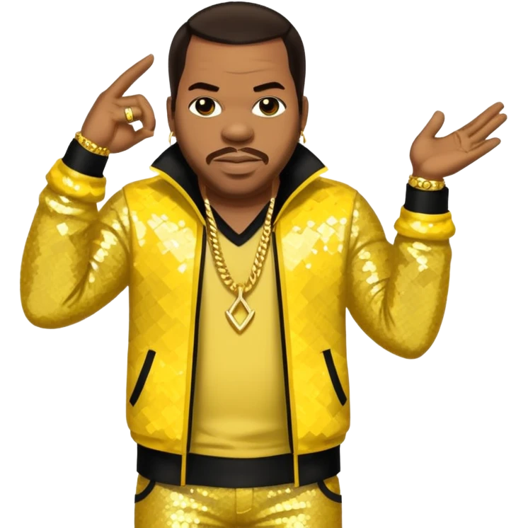 Busta Rhymes with dark brown hair, yellow sequin outfit emoji