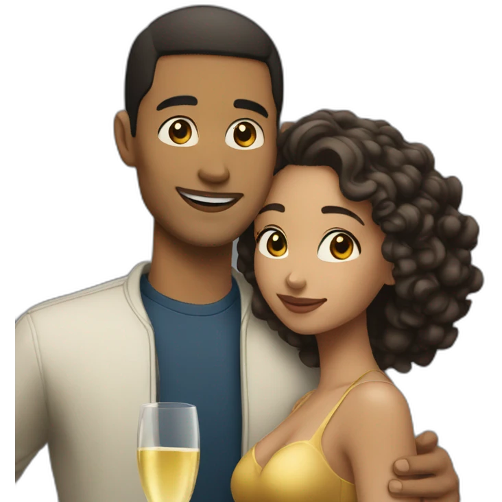 Tall lightskin man with champagne, hugging short lightskin woman emoji