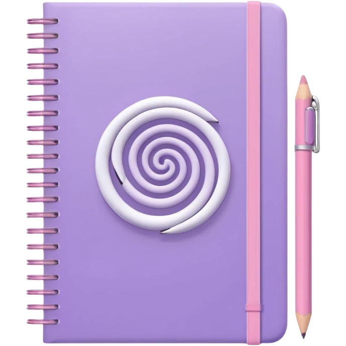 spiral notebook in soft purple, white 'schedule' text on cover, soft pink pencil placed on it, iOS emoji style emoji