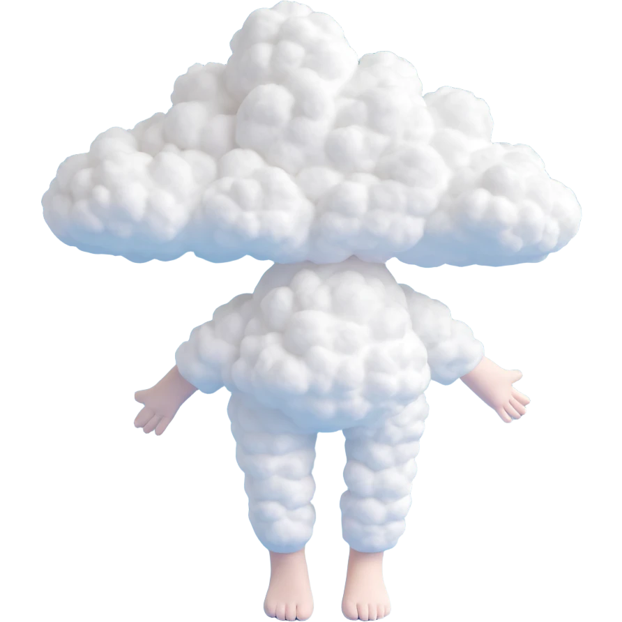 flying person with body and limbs made of small white fluffy clouds, convex texture, minimalist, no background emoji