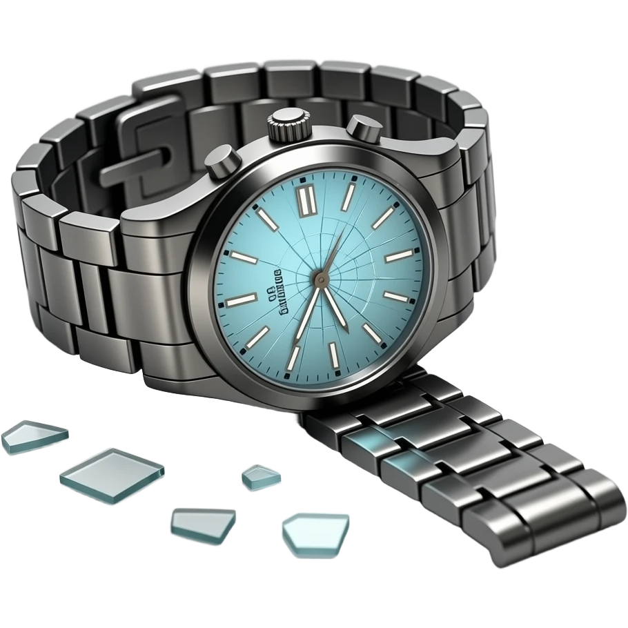 A wristwatch fallen on the ground with its glass cracked and slightly shattered. The strap is twisted, small glass fragments scattered nearby. Subtle scratches on the surface, suggesting impact. Soft dramatic lighting, no people, clean floor background, realistic and detailed. emoji
