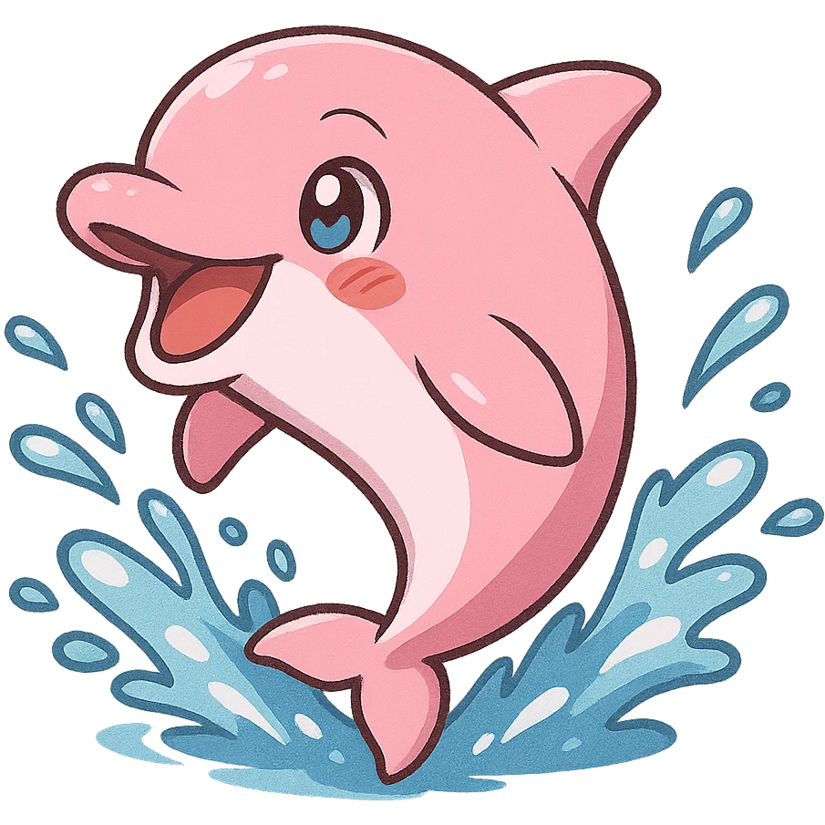 pink dolphin swimming joyfully, splashing water, big smile, anime style, transparent background, 128x128 pixels emoji