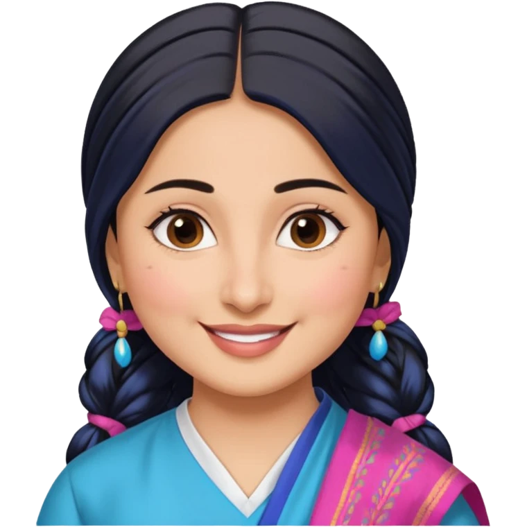generate a pretty bratz emoji that looks like Kareena Kapoor's Geet character. 
Make her wear a white shirt with a colorful blue-pink dupatta wrapped around her neck. smiling big. Black hair tied into a side part ponytail

She should look exactly  like Kareena Kapoor emoji